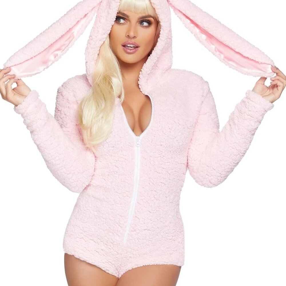 Pink Cuddle Bunny plush romper Women's Costume with ear hood and attached tail